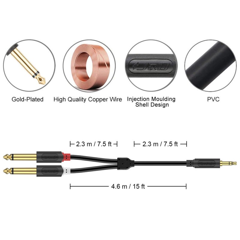 J&D 3.5mm 1/8 inch TRS Male to Dual 6.35mm 1/4 inch TS Male Mono Stereo Y-Cable Splitter with Gold Plated Audiowave Series for Amplifiers, Mixer, Audio Recorder, 15 Feet - Image 3